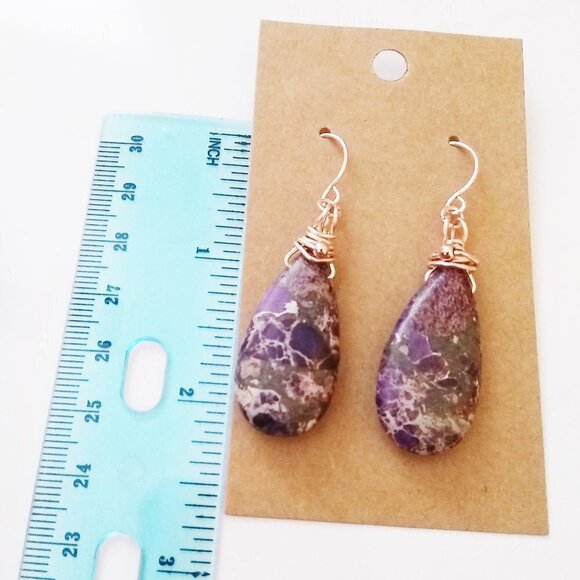 Purple & Plum Sea Sediment Jasper Teardrop + Rose Gold ~ Bold Dangle Earrings - Picture 12 of 12